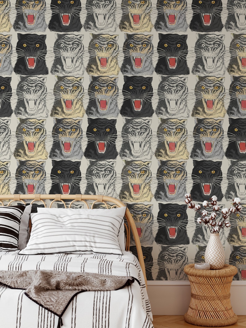 Tiger Head Print Wallpaper, Removable Peel and Stick Mural, Japanese Tiger Chinoiserie Inspired Animal Wallpaper, Temporary Self Adhesive image 2