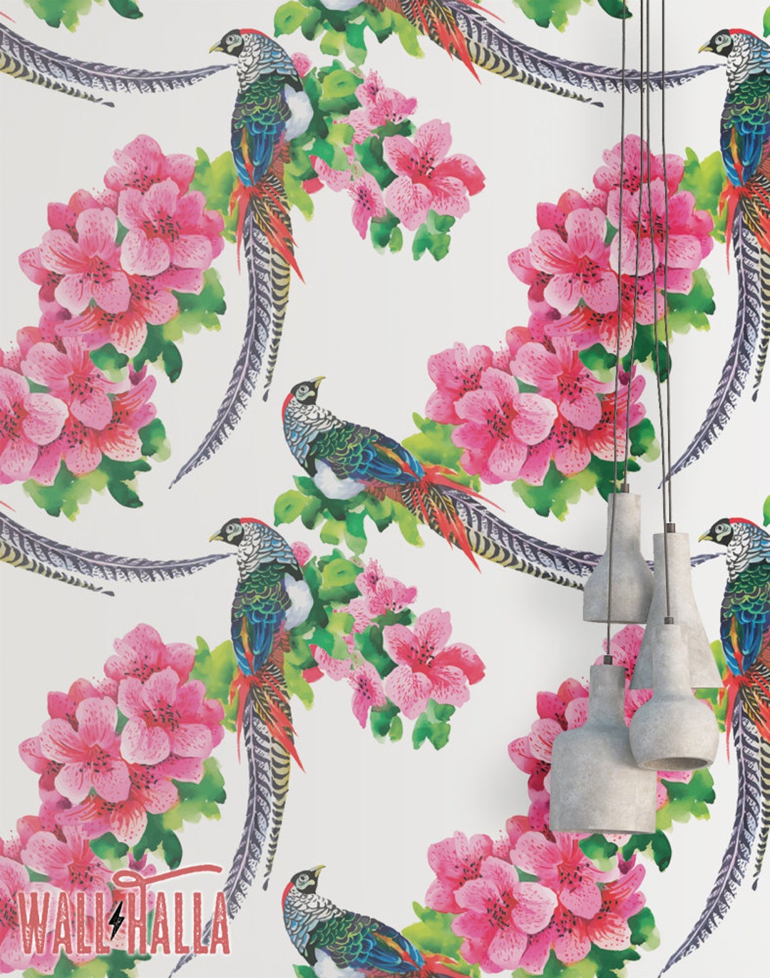 Watercolor Pheasant Wallpaper Removable Wallpaper Colorful Flowers