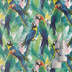 Parrots and Flowers Wallpaper, Removable Peel and Stick Wallpaper, Colorful Birds and Flower Wallpaper, Floral Self Adhesive Wallpaper