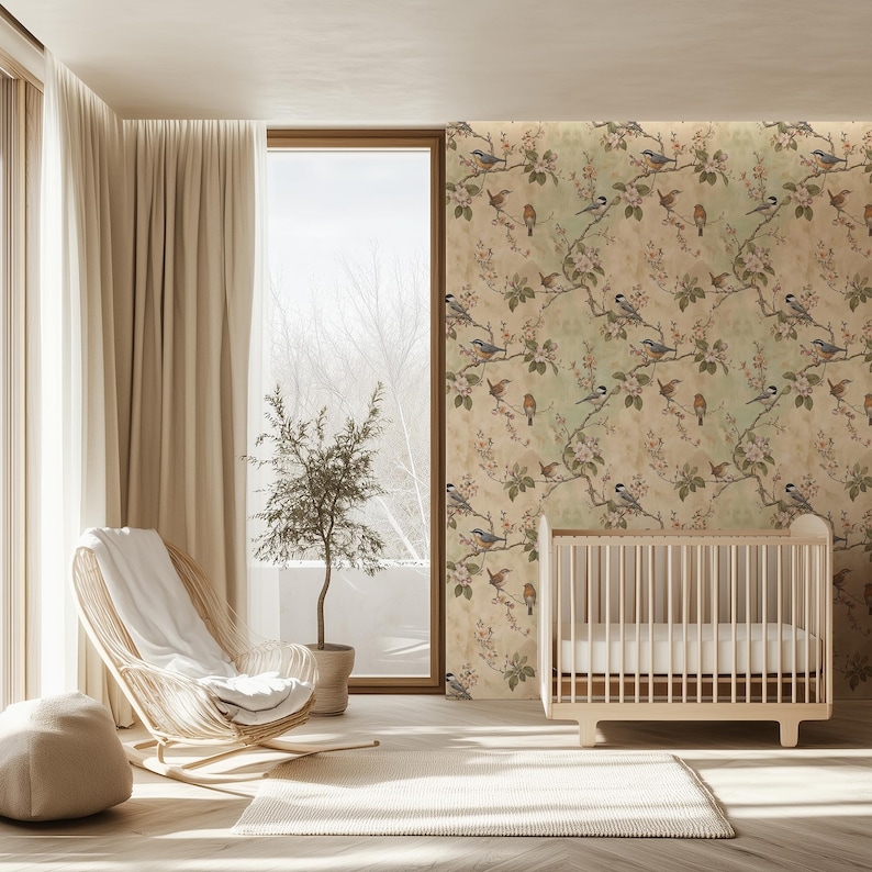 Nature inspired wallpaper with birds on branches and classic botanical design