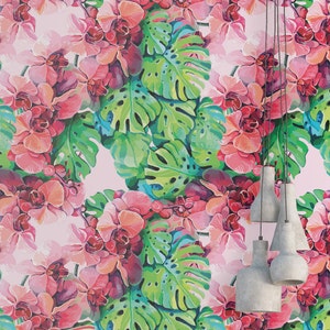 Monstera Blossom Removable Wallpaper: Tropical Floral Print