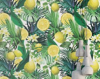 Lemon and Citris Blossom Wallpaper - Removable Wallpaper - Palm and Leaves Wallpaper - Floral Print - Tropical Peel and Stick Wallpaper