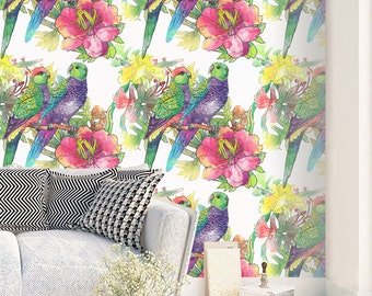 Parrots and Flowers Wallpaper - Removable Wallpaper - Colorful Birds and Flower Wallpaper - Floral Print - Tropical Peel and Stick Wallpaper