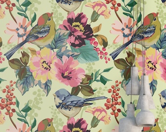 Birds and Flowers Wallpaper - Vintage Sparrow Print, Removable Peel and Stick