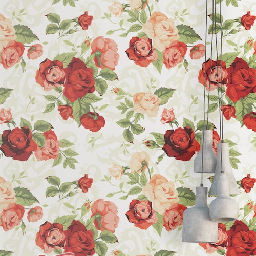 Rose Flower Wallpaper Removable Wallpaper Vintage Red - Etsy Rose Flower Wallpaper Removable Wallpaper Vintage Red - Etsy