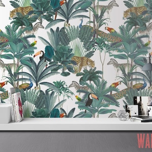 Jungle Animal Wallpaper - Removable Peel and Stick Wallpaper - Floral Banana Print Wallpaper - Self Adhesive Wall Decal - Temporary Wall Art