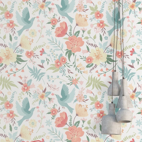 Doves and Flowers Wallpaper - Removable Wallpaper - Colorful Birds and Flower Wallpaper - Floral Print - Tropical Peel and Stick Wallpaper