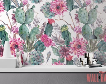 Seamless Watercolor Cactus Wallpaper, Removable Peel and Stick Wall Decal, Vintage Watercolor Cactus Wall Sticker, Temporary Wallpaper