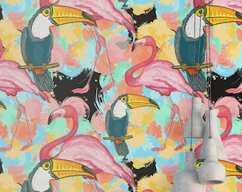 Behang flamingo toekan: tropisch verwijderbaar behang met peel-and-stick