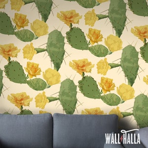 Carta da parati autoadesiva senza cuciture Cactus Flower Pattern - Decalcomanie murali vintage rimovibili - Adesivi murali cactus flower - Wallapers temporanei
