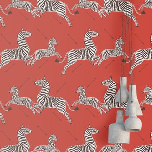 Red Zebra Wallpaper, Peel and Stick Self Adhesive Wallpaper, Zebra Print Inspired by a room in the Royal Tenenbaums movie