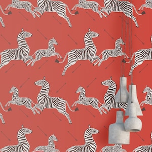 Red Zebra Wallpaper, Peel and Stick Self Adhesive Wallpaper, Zebra Print Inspired by a room in the Royal Tenenbaums movie