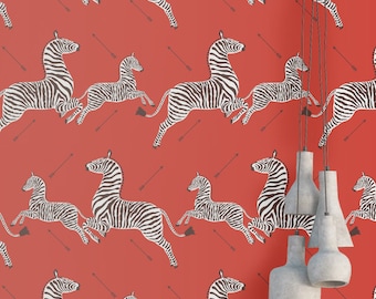 Red Zebra Wallpaper, Peel and Stick Self Adhesive Wallpaper, Zebra Print Inspired by a room in the Royal Tenenbaums movie