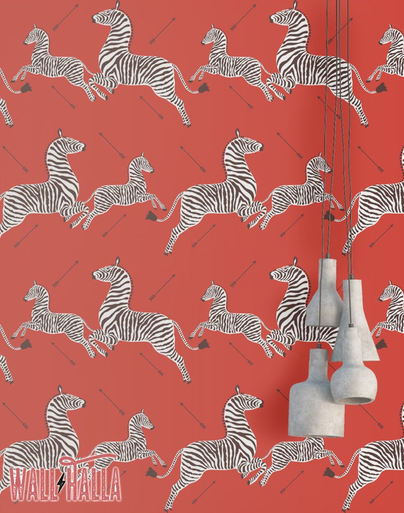 Red Zebra Wallpaper, Peel and Stick Self Adhesive Wallpaper, Zebra Print Inspired by a room in the Royal Tenenbaums movie 