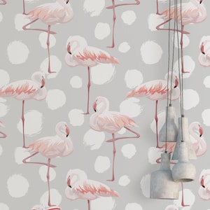 Carta da parati Flamingo Dots - Carta da parati rimovibile - Carta da parati rosa fenicotteri e puntini - Stampa fenicottero - Carta da parati tropicale a buccia e bastone