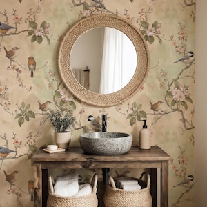 Elegant bird and flower wallpaper for bedroom, nursery, or living room