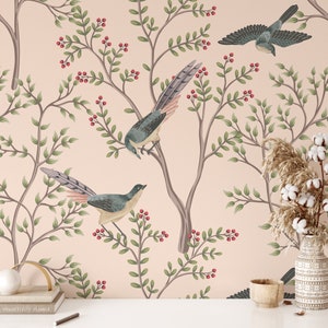Vintage Chinoiserie Birds and Plants Wallpaper - Autoadesivo o Non Tessuto - Decorazioni Murali Rimovibili - Adesivo Murale - Carte da Parati Tropicali