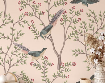 Vintage Chinoiserie Birds and Plants Wallpaper - Self Adhesive or Nonwoven - Removable Wall Decor - Wall Sticker - Tropical Wallpapers