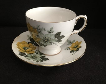 Queen Anne England Bone China Cup and Saucer Set, #8520, Yellow & Grey Flowers