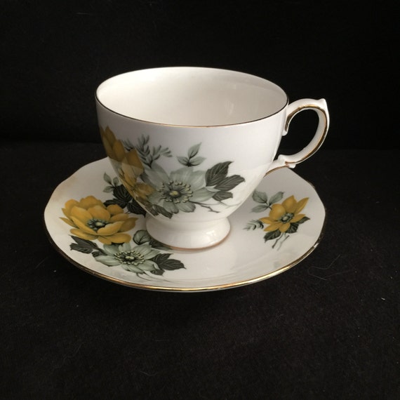 Queen Anne England Bone China Cup and Saucer Set 8520 Yellow Grey Flowers Etsy Canada