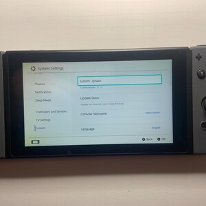 Puede incluir: Una consola Nintendo Switch gris que muestra el men&uacute; de configuraci&oacute;n del sistema. La pantalla muestra opciones para actualizaciones del sistema, temas y configuraciones del controlador. La consola tiene controladores Joy-Con grises adjuntos con botones y joysticks.