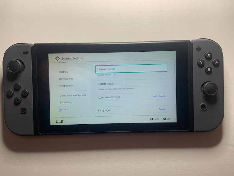 Puede incluir: Una consola Nintendo Switch gris que muestra el men&uacute; de configuraci&oacute;n del sistema. La pantalla muestra opciones para actualizaciones del sistema, temas y configuraciones del controlador. La consola tiene controladores Joy-Con grises adjuntos con botones y joysticks.