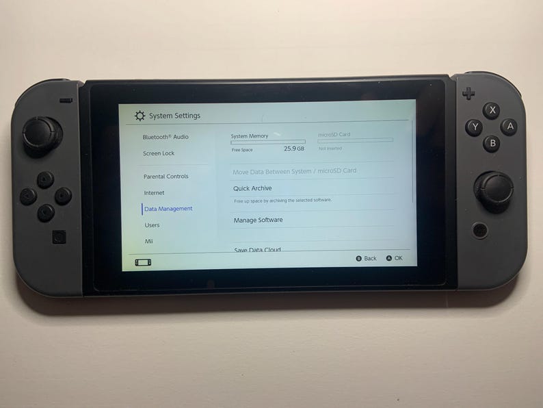 Puede incluir: Una consola Nintendo Switch gris que muestra el men&uacute; de configuraci&oacute;n del sistema. La pantalla muestra opciones para Bluetooth Audio, Bloqueo de pantalla y Gesti&oacute;n de datos. La consola tiene mandos Joy-Con grises adjuntos con botones y joysticks.
