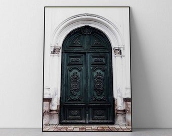 Fotografia impressa de porta francesa verde, arquitetura parisiense (download digital)