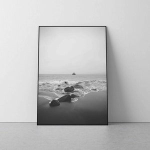 Black and White Beach Photography: Rocky Coastal Print (Digital Download)