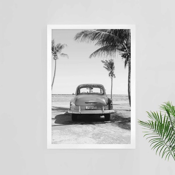 black and white cuba, old car wall art, havana art print, vintage beach print, mid century home style, classic car print, cuban art, decor