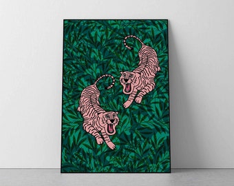 Pink Tiger Jungle Art Print: Tropical Wild Animal Illustration (Digital Download)