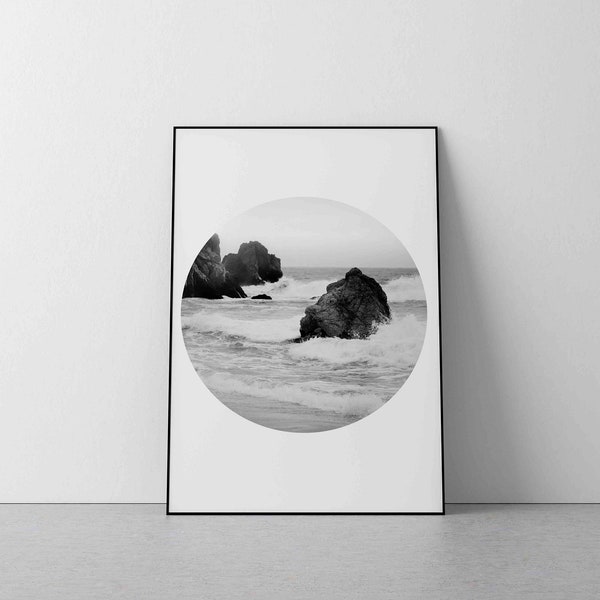 Beach Circle Print, instant download, black and white circle, digital art, beach sea circle, ocean photography, circle beach download, wall