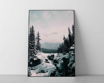 Pode incluir: Uma paisagem nevada com árvores altas de folha perene em primeiro plano e uma cordilheira ao fundo. O céu é azul claro com algumas nuvens.