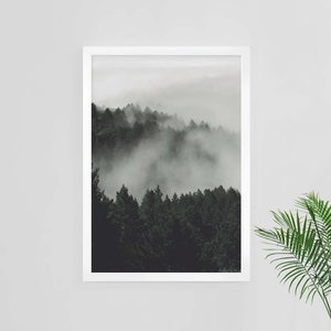 Misty forest print, instant download, digital print, woodland, wall art, photography, nature landscape, dark green decor, printable art