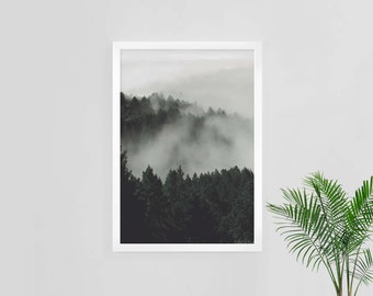 Misty forest print, instant download, digital print, woodland, wall art, photography, nature landscape, dark green decor, printable art