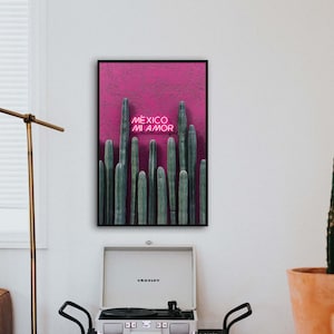 Mexico mi amor print, mexican wall decor, mexico print, neon sign artwork, home bar decor, mexican restaurant decor, printable, bright pink