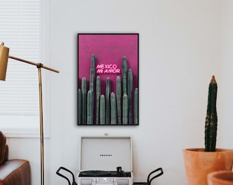 Mexico Mi Amor Cactus Neon Print, Mexican Bar Decor (Digital Download)
