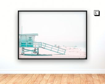 lifeguard tower print, santa monica beach photography, lifeguard stand, lifeguard hut, california beach wall art, beach digital art print