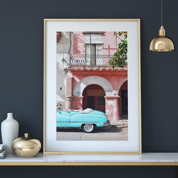 cuba download, havana printable, pastel print, vintage cuban car, turquoise car, cuba travel poster, wall print, downloadable art, photo