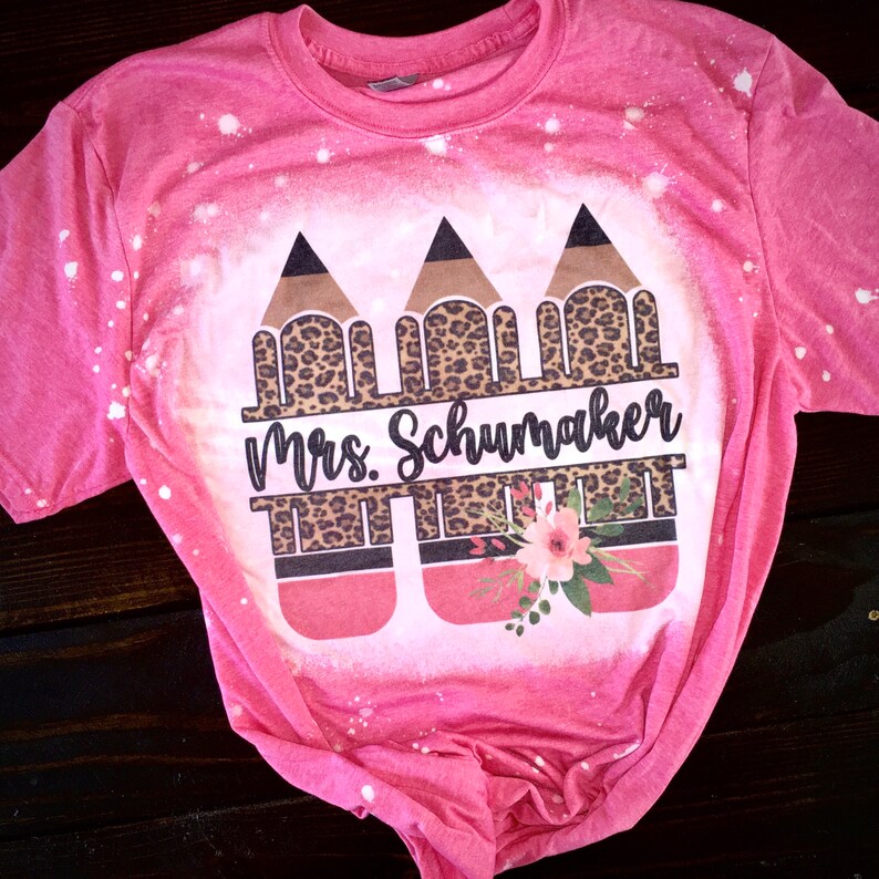 Personalized leopard pencil teacher t shirt bleache
