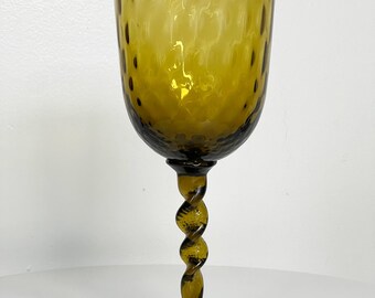 Jarrón/copa de cristal artístico óptico verde oliva vintage con pedestal, fabricado en Italia.