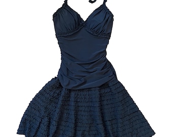 Minivestido negro ajustado con volantes y escote halter, estilo vintage de los 90