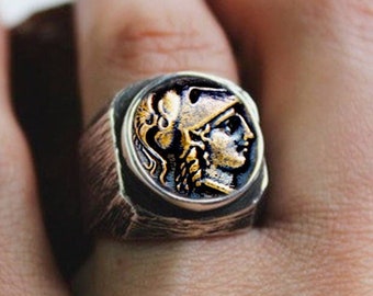 Anillo de plata de la moneda de Athena, anillo de Athena, anillo de plata artesanal de la diosa griega, joyería griega antigua
