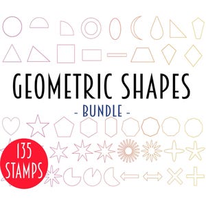 Puede incluir: Un conjunto de 135 formas geométricas, que incluyen círculos, cuadrados, triángulos, estrellas, corazones y más. Las formas están delineadas en varios colores y están dispuestas en filas sobre un fondo blanco. El texto "FORMAS GEOMÉTRICAS - PAQUETE -" se muestra sobre las formas.