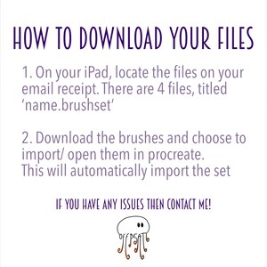 May include: A pink and orange gradient background with white text explaining how to download files from an email receipt on an iPad. The text says "HOW TO DOWNLOAD YOUR FILES" and includes instructions on how to import the files into Procreate. The image also includes a cartoon jellyfish with a cloud-like head and tentacles.