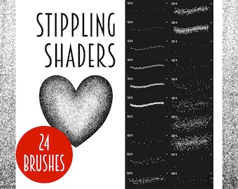 May include: A set of 24 stippling brushes for digital art. The image shows a heart shape created with the brushes, and a grid of 24 different brush patterns. The text "STIPPLING SHADERS" is at the top of the image.