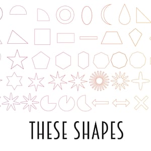 Pode incluir: Uma cole&ccedil;&atilde;o de 36 formas diferentes em v&aacute;rias cores, incluindo vermelho, laranja, amarelo e verde. As formas s&atilde;o delineadas em preto e dispostas em filas. O texto "THESE SHAPES" est&aacute; escrito em preto na parte inferior da imagem.