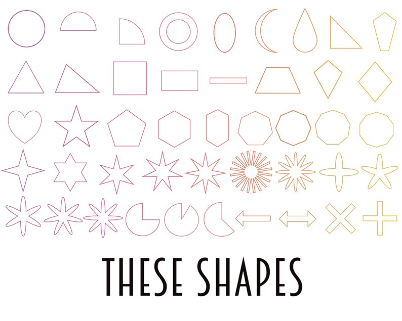 Pode incluir: Uma cole&ccedil;&atilde;o de 36 formas diferentes em v&aacute;rias cores, incluindo vermelho, laranja, amarelo e verde. As formas s&atilde;o delineadas em preto e dispostas em filas. O texto "THESE SHAPES" est&aacute; escrito em preto na parte inferior da imagem.
