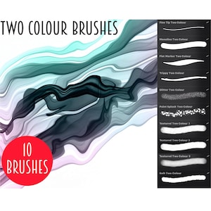 May include: A set of 10 digital brushes for creating two-color effects. The brushes are shown on a black background with a white preview of each brush. The brushes include Fine Tip Two Color, Monoline Two Color, Flat Marker Two Color, Trippy Two Color, Glitter Two Color, Paint Splash Two Color, Textured Two Color 1, Textured Two Color 2, Textured Two Color 3, and Soft Two Color.