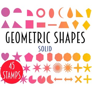Puede incluir: Un conjunto de 45 formas geométricas sólidas en rosa, naranja y amarillo. Las formas incluyen círculos, cuadrados, triángulos, estrellas, corazones y más. El texto "Formas geométricas" y "Sólido" se muestra sobre las formas. El texto "45 Sellos" se muestra en un círculo rojo.